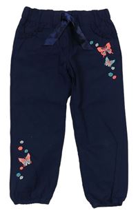 Tmavomodré cuff plátěné kalhoty s motýlky a kytičkami Topolino