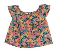 Tmavomodro-křiklavě korálovo-zelený halenkový crop top s květy a lístečky a volánkem PRIMARK