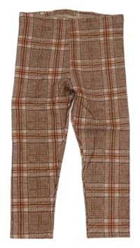 Hnědo-starorůžovo-smetanové kostkované úpletové tregínové kalhoty zn. George