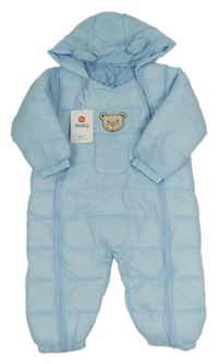 Nové - světlemodrá prošívaná šusťáková zimní kombinéza s medvídkem a kapucí s oušky 
