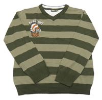 Tmavokhaki-khaki pruhovaný pletený svetr s indiánskou čelenkou a všitým trikem 