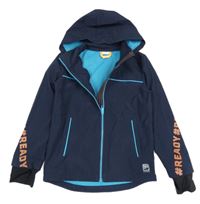 Tmavomodrá softshellová bunda s nápisy a kapucí S. Oliver