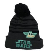 Tmavošedo-černá pruhovaná pletená čepice s Youdou - Star Wars a bambulí 