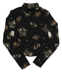 Černý žebrovaný crop rolák s brýlemi a logy - Harry Potter