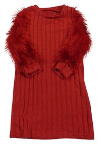 Červené melírované žebrované úpletové šaty s chlupatými rukávy SHEIN