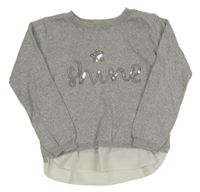 Šedý melírovaný svetr s nápisem z flitrů a třpytkami a šifonovým volánkem PRIMARK