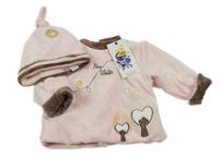 Nové - 2Set - Světlerůžovo-hnědý sametový zateplený kabátek se stromečky + čepice