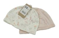Nové - 2x - Čepice - Bílá s myšmi a kytičkami, světlerůžová s kytičkami Mothercare