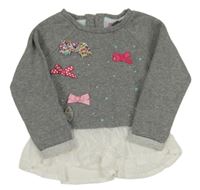 Šedá melírovaná mikina s mašlemi a srdíčky a bílým volánkem s puntíky F&F