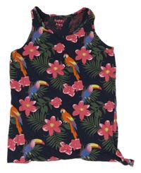 Tmavomodrý top s papoušky a květy a lístečky Tchibo