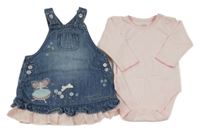 2Set - Modré riflové šaty s vílou a volánky + světlerůžové body Next