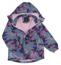 Fialovo-zelená army šusťáková zateplená bunda s dinosaury a kapucí