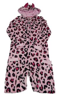 Růžová vzorovaná chlupatá kombinéza s kapucí s oušky Destination