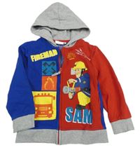 Safírovo-červeno-šedá propínací mikina s Hasičem Samem a kapucí