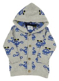 Světlešedý melírovaný propínací svetr s vrtulníky a kapucí Topomini