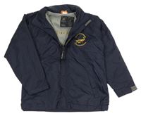 Tmavomodrá šusťáková zateplená bunda s pštrosy a ukrývací kapucí