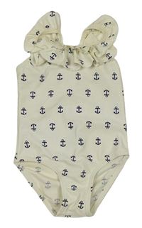 Smetanové jednodílné plavky s kotvami a volánem