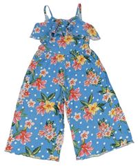 Modro-barevný květovaný/puntíkatý lehký culottes overal Zara