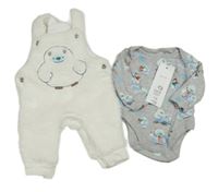 Nové - 2 set - šedé body s obrázky + bílé huňaté laclové tepláky s výšivkou F&F