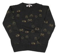 Tmavošedý lehký svetr s obrázky 