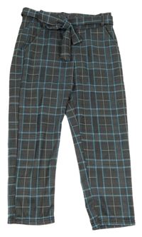 Černo-modré kostkované lehké crop kalhoty s páskem 