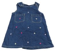 Modré laclové rifle s výšivkami květů a kapsami 