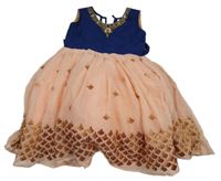 Tmavomodro-meruňkové šaty s výšivkami a kamínky a páskem 