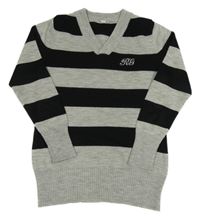 Šedo-černý pruhovaný svetr s výšivkou 