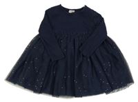 Tmavomodré žebrované šaty s tylovou třpytivou sukní F&F