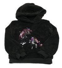 Černá plyšová mikina s jednorožcem z flitrů a kapucí Kiki&Koko