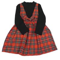 Černo-červeno-zelené žebrované šaty s kostkovanou sukní a mašlí