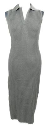 Dámské šedé žebrované pletené midi šaty s límečkem New Look 