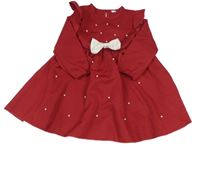 Červené šaty s perličkami a mašlí 