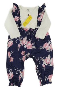 Nové - Bílo-tmavomodrý overal s květinami Shein