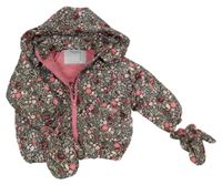 Hnědá květovaná šusťáková zimní bunda s kapucí + rukavice Nutmeg