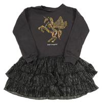 Tmavošedé teplákové šaty s jednorožcem a třpytivou sukní F&F