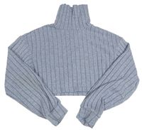 Světlemodro-šedý melírovaný žebrovaný crop svetr s rolákem Shein