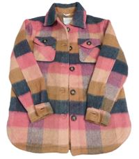 Růžovo-šedo-béžová kostkovaná flanelová košilová bunda Primark