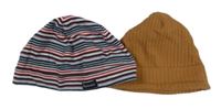 2x Pruhovaná + skořicová žebrovaná čepice 