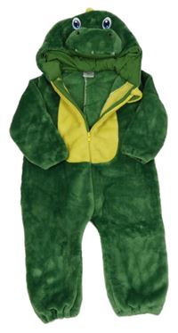 Zeleno-žlutá chlupatá kombinéza s kapucí - dinosaurus