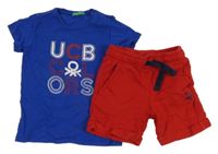 2set - Kobaltově modré tričko s nápisem + červené teplákové kraťasy Benetton
