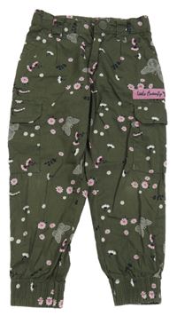 Khaki plátěné cargo cuff kalhoty s kytičkami Kids