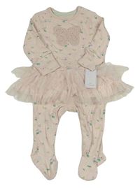 Světlerůžový overal s motýlky a kytičkami a tylovými volánky Mothercare