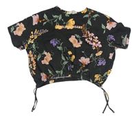 Tmavošedé melírované crop tričko s kytičkami a nápisem H&M