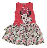Tmavorůžovo-bílé šaty s Minnie a volánkem Disney