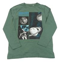 Khaki melírované triko s planetami a kosmonautem beatwear