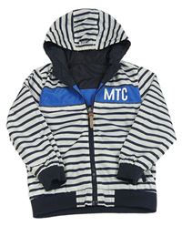 Bílo-tmavomodrý pruhovaný šusťákový podzimní bomber s písmenky/logem a kapucí MITCH