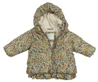 Smetanovo-barevná kytičkovaná prošívaná šusťáková zimní bunda s volánkem a kapucí Next