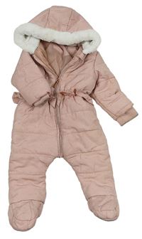 Světlerůžová puntíkatá prošívaná šusťáková zimní kombinéza s volánkem a kapucí s kožešinou Matalan