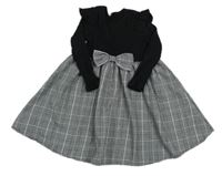 Šedo-bílo-černé kostkované vzorované žebrované šaty s mašlí a volánky 